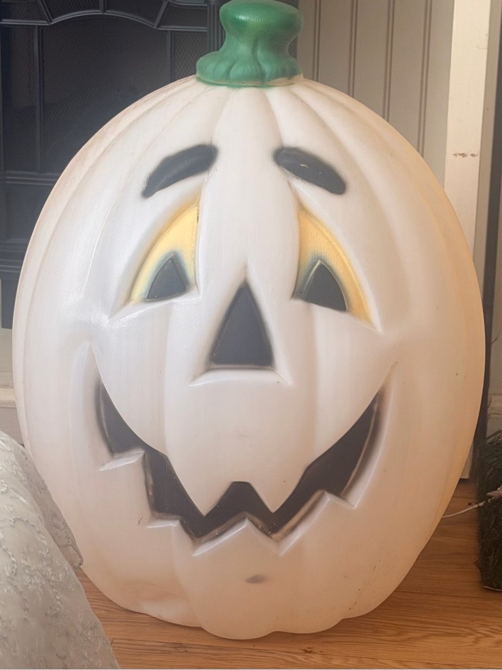 Vintage White Light-Up Halloween Pumpkin Decoration with Green Stem - Picture 3 of 3